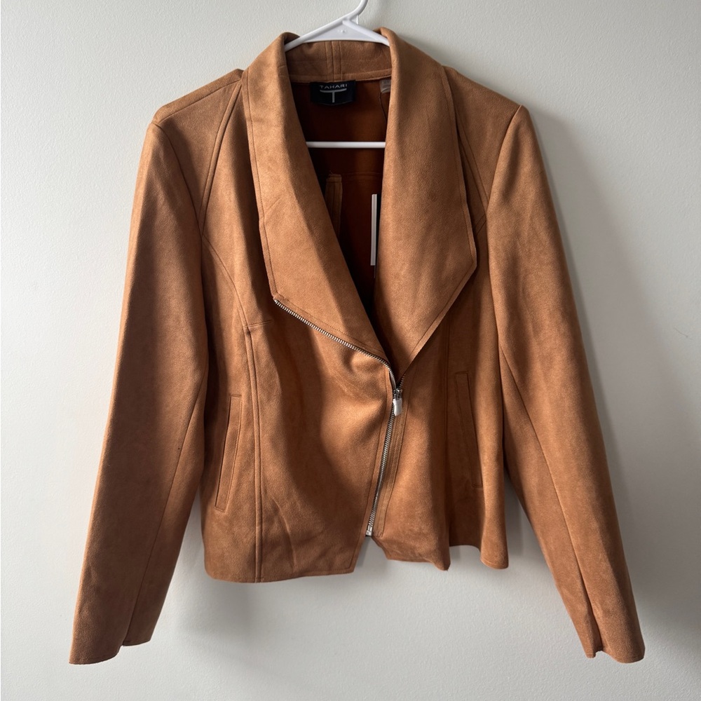 T Tahari Camel Suede Asymmetrical Zip Jacket